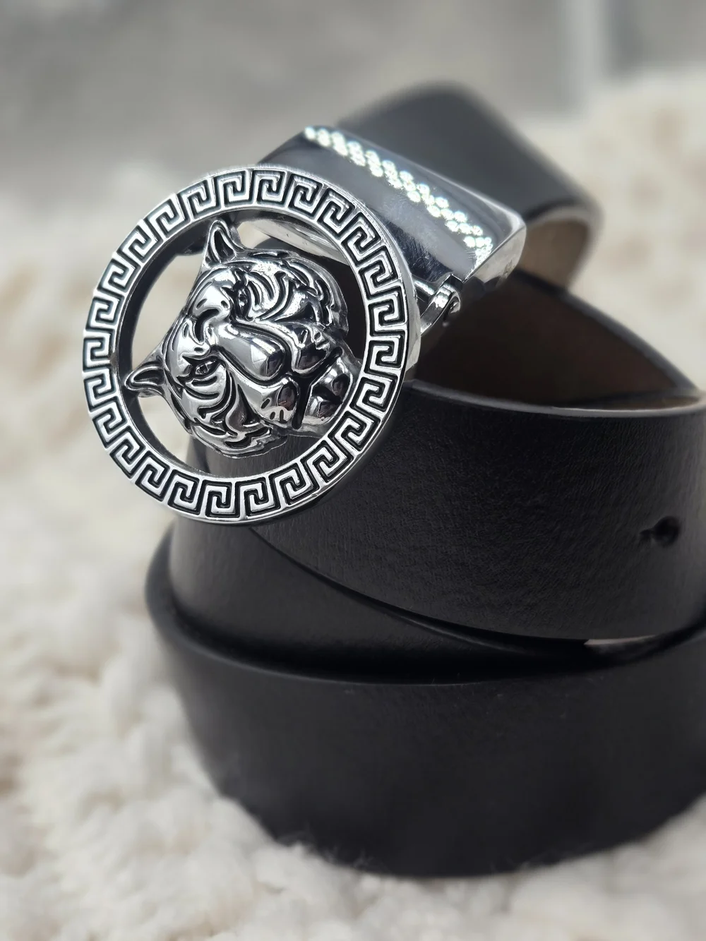 Old John Leather Men's Luxury Belt with a silver-toned tiger buckle. 46